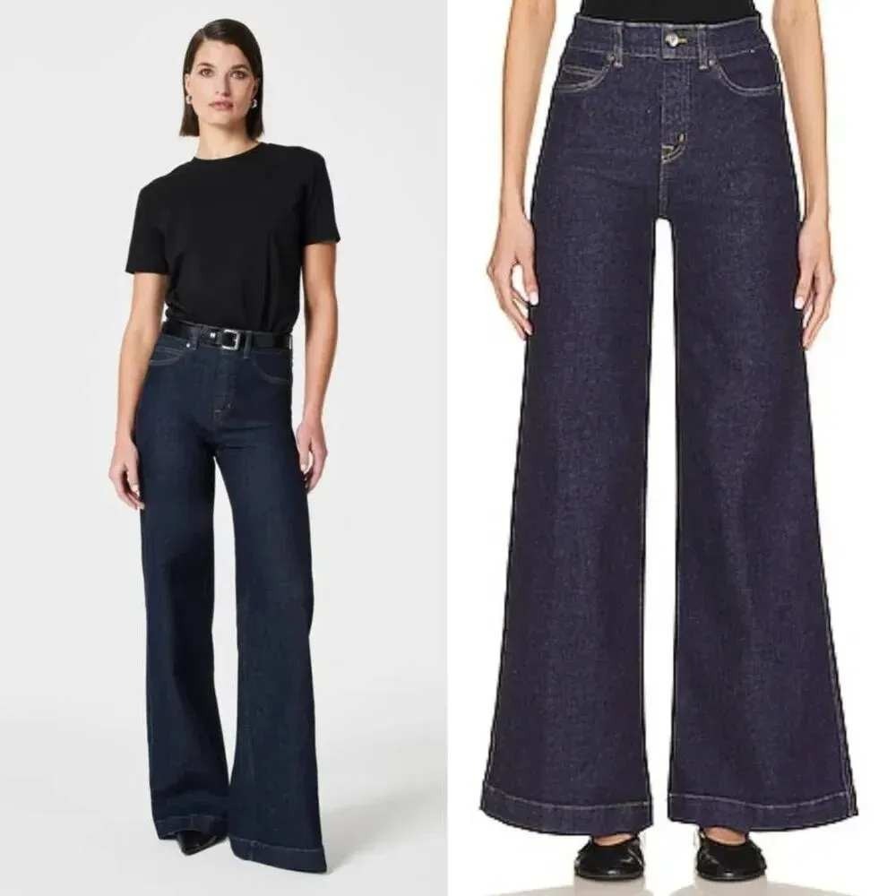 Spanx Wide Leg Denim Jeans Raw Indigo Blue High Rise Tall Large 20547T